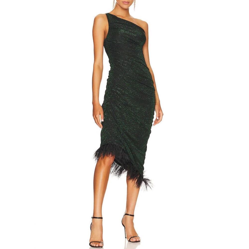 NWT Saylor Hilaria One Shoulder Midi Dress Feather Trim Emerald Black Size XS